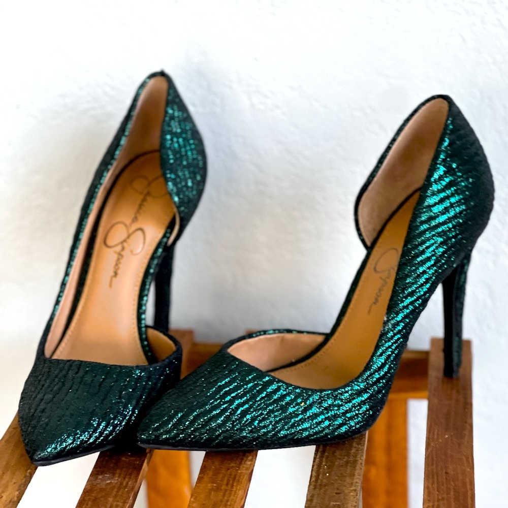 Like New Jessica Simpson Shimmer Kitten High Heels | Mermaid Green